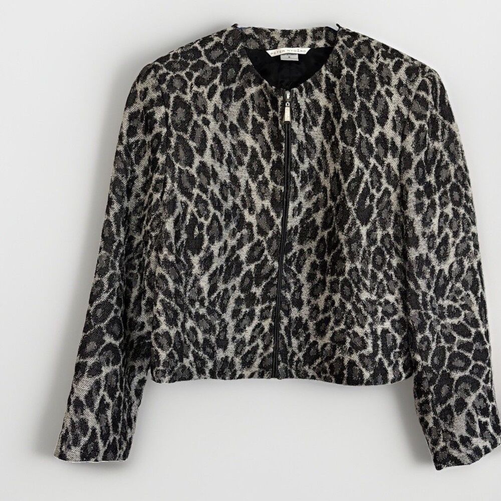 Peter Nygard Leopard Print Jacket Womens Size 8 Gray Black Full Zip Collarless